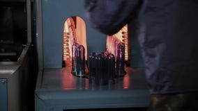 I semilavorati dell'ANIMALE DOMESTICO si muovono sulla linea del forno del riscaldamento nella velocit? veloce La plastica imbott archivi video I semilavorati dell'ANIMALE DOMESTICO si muovono sulla linea del forno del riscaldamento nella velocit? veloce La plastica imbott archivi video