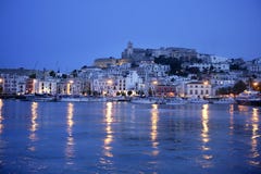 Ibiza island night harbor in Mediterranean