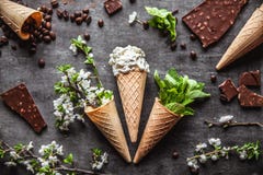 Chocolate ice cream and spring flowers Royalty Free Stock Photography Chocolate ice cream and spring flowers Royalty Free Stock Photography