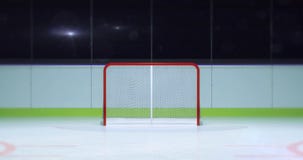 Ice hockey rink with goalkeeper space front view and camera flash behind