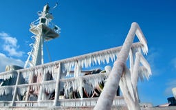 Ice Of The Ship And Ship Structures After Swimming In Frosty Weather During A Storm In The Pacific Ocean. Royalty Free Stock Photo