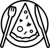 Icon pizza slice with mushrooms, tomatoes, cheese, lies on the plate with the tools stock illustration Icon pizza slice with mushrooms, tomatoes, cheese, lies on the plate with the tools stock illustration