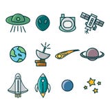 Icon set with space theme. it consists of images of spacecraft, stars, rockets, astronauts and others vector illustration Icon set with space theme. it consists of images of spacecraft, stars, rockets, astronauts and others vector illustration