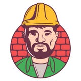 Icona del costruttore di colore in casco sul fondo dei mattoni caporeparto adulto con il borada iscritto in un cerchio illustrazione di stock Icona del costruttore di colore in casco sul fondo dei mattoni caporeparto adulto con il borada iscritto in un cerchio illustrazione di stock