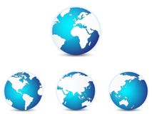 Icone del globo del mondo messe, con differenti continenti a fuoco illustrazione di stock Icone del globo del mondo messe, con differenti continenti a fuoco illustrazione di stock