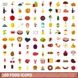 100 icone messe, stile piano dell'alimento illustrazione di stock 100 icone messe, stile piano dell'alimento illustrazione di stock