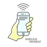 Icono inalámbrico del pago - smartphone a disposición, transacción de NFC stock de ilustración Icono inalámbrico del pago - smartphone a disposición, transacción de NFC stock de ilustración