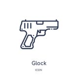 Icono linear del glock de la colección del esquema del ejército y de la guerra Línea fina vector del glock aislado en el fondo bl ilustración del vector Icono linear del glock de la colección del esquema del ejército y de la guerra Línea fina vector del glock aislado en el fondo bl ilustración del vector