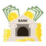Icono plano del banco y del dinero aislado en blanco stock de ilustración Icono plano del banco y del dinero aislado en blanco stock de ilustración