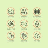 Iconos de la etiqueta de advertencia Alergénicos gluten, lactosa, soja, maíz, diario, leche, azúcar, grasa del transporte Símbolo stock de ilustración Iconos de la etiqueta de advertencia Alergénicos gluten, lactosa, soja, maíz, diario, leche, azúcar, grasa del transporte Símbolo stock de ilustración