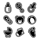 Iconos de la fiesta de bienvenida al bebé stock de ilustración Iconos de la fiesta de bienvenida al bebé stock de ilustración