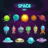 Iconos de la historieta del espacio fijados stock de ilustración Iconos de la historieta del espacio fijados stock de ilustración