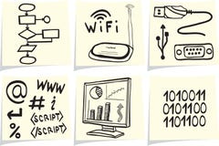 Iconos de la tecnología de la información en los palillos amarillos de la nota ilustración del vector Iconos de la tecnología de la información en los palillos amarillos de la nota ilustración del vector