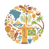 Iconos del viaje del Brasil y cartel de visita turístico de excursión de las señales del vector stock de ilustración Iconos del viaje del Brasil y cartel de visita turístico de excursión de las señales del vector stock de ilustración