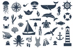 Iconos planos con las criaturas y los símbolos del mar Imagen de archivo libre de regalías Iconos planos con las criaturas y los símbolos del mar Imagen de archivo libre de regalías