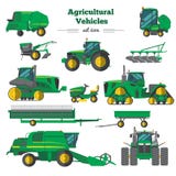 Iconos planos de los vehículos agrícolas fijados stock de ilustración Iconos planos de los vehículos agrícolas fijados stock de ilustración