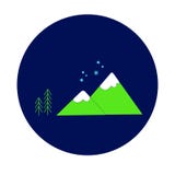 Icône ronde plate de concept de nature avec le flocon de neige bleu stylisé, sapins verts, montagne Photo stock Icône ronde plate de concept de nature avec le flocon de neige bleu stylisé, sapins verts, montagne Photo stock