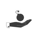 Icône, une bombe avec une mèche brûlante sur la paume humaine dans le noir illustration de vecteur Icône, une bombe avec une mèche brûlante sur la paume humaine dans le noir illustration de vecteur