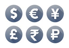 Icônes grises de devise avec rouble de roupie de yuans de Yens de livre du dollar d'ombre l'euro illustration libre de droits Icônes grises de devise avec rouble de roupie de yuans de Yens de livre du dollar d'ombre l'euro illustration libre de droits