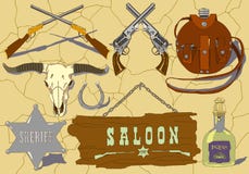 Icônes tirées par la main de cowboy de vecteur réglées illustration stock Icônes tirées par la main de cowboy de vecteur réglées illustration stock