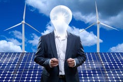 Idea Man In Front Of A Solar Panel. Stock Photography
