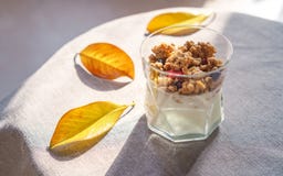 Greek yoghurt with granola, dried berries in glass and yellow leaves. Gray background with rustic style cloth. Top view copy space royalty free stock photography Greek yoghurt with granola, dried berries in glass and yellow leaves. Gray background with rustic style cloth. Top view copy space royalty free stock photography