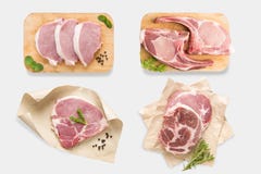 Ideia superior do grupo cru do bife de costeleta da carne de porco do modelo isolado no CCB branco fotografia de stock royalty free Ideia superior do grupo cru do bife de costeleta da carne de porco do modelo isolado no CCB branco fotografia de stock royalty free