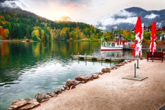 Idyllic autumn scene in Grundlsee lake in Alps mountains, Austri