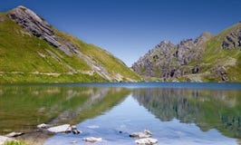 Idyllisch de zomerlandschap met duidelijk bergmeer in de Alpen royalty-vrije stock afbeelding Idyllisch de zomerlandschap met duidelijk bergmeer in de Alpen royalty-vrije stock afbeelding