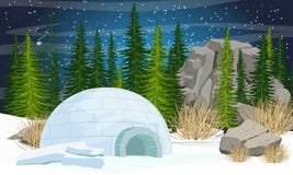 Igloo. Icehouse. Ice dwelling of the Eskimos. Spruce forest, stones and mountains, dry grass royalty free illustration Igloo. Icehouse. Ice dwelling of the Eskimos. Spruce forest, stones and mountains, dry grass royalty free illustration
