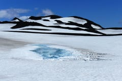 Ijsmeer in sneeuwlandschap met zwarte heuvels op Fimmvörduhals-bergpas, IJsland stock foto Ijsmeer in sneeuwlandschap met zwarte heuvels op Fimmvörduhals-bergpas, IJsland stock foto