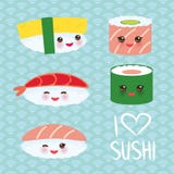 Ik houd van sushi Kawaii grappige die sushi met roze wangen en grote ogen, emoji worden geplaatst Blauwe achtergrond met Japans c stock illustratie Ik houd van sushi Kawaii grappige die sushi met roze wangen en grote ogen, emoji worden geplaatst Blauwe achtergrond met Japans c stock illustratie