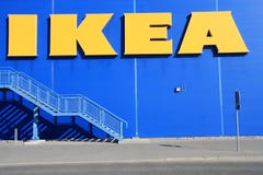 Ikea store. Shot of Ikea store logo. IKEA (Ingvar Kamprad Elmtaryd Agunnaryd) is a privately held, Swedish international home products company that designs and Ikea store. Shot of Ikea store logo. IKEA (Ingvar Kamprad Elmtaryd Agunnaryd) is a privately held, Swedish international home products company that designs and