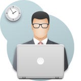 Ikona biznesmen w szkłach z laptopem Pomyślny młody człowiek ubierał w szarym garniturze pracuje na laptopie ilustracja wektor Ikona biznesmen w szkłach z laptopem Pomyślny młody człowiek ubierał w szarym garniturze pracuje na laptopie ilustracja wektor