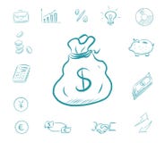 Ikonenfinanzsatz - Geldtasche Geschäftsikonen mit biggy Bank, Taschenrechner, Diagramme Austauschdollar und -Euros lizenzfreie abbildung Ikonenfinanzsatz - Geldtasche Geschäftsikonen mit biggy Bank, Taschenrechner, Diagramme Austauschdollar und -Euros lizenzfreie abbildung