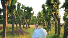 Il bello giovane funzionamento biondo della sposa nella foresta verde della molla si è acceso dai raggi di sole Sposo bello su fo stock footage Il bello giovane funzionamento biondo della sposa nella foresta verde della molla si è acceso dai raggi di sole Sposo bello su fo stock footage