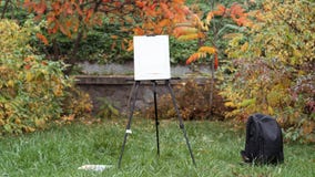 Il cavalletto, lo zaino nero e le pitture stanno stando sull'erba nel parco di autunno immagini stock Il cavalletto, lo zaino nero e le pitture stanno stando sull'erba nel parco di autunno immagini stock