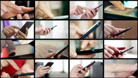 Il collage della gente differente passa SMS mandante un sms sugli smartphones Il collage della gente differente passa SMS mandante un sms sugli smartphones
