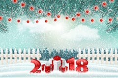 Il fondo di festa del nuovo anno con i numeri 2018, i regali e l'inverno abbelliscono illustrazione di stock Il fondo di festa del nuovo anno con i numeri 2018, i regali e l'inverno abbelliscono illustrazione di stock