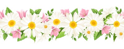 Il fondo senza cuciture orizzontale con le margherite e la campanula fiorisce Illustrazione di vettore royalty illustrazione gratis Il fondo senza cuciture orizzontale con le margherite e la campanula fiorisce Illustrazione di vettore royalty illustrazione gratis