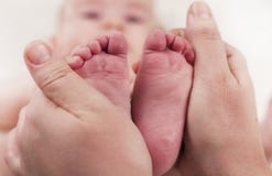 Il genitore tiene i piccoli bei piedi delicati in un neonato fotografie stock Il genitore tiene i piccoli bei piedi delicati in un neonato fotografie stock