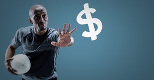 Il giocatore di rugby con distribuisce verso il simbolo di dollaro contro fondo blu Immagini Stock Libere da Diritti Il giocatore di rugby con distribuisce verso il simbolo di dollaro contro fondo blu Immagini Stock Libere da Diritti