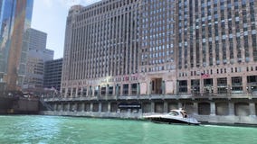 Il grande motoscafo attraversa davanti al mercato di mercanzie su Chicago River barca-congestionato archivi video Il grande motoscafo attraversa davanti al mercato di mercanzie su Chicago River barca-congestionato archivi video