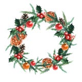 Il Natale dell'acquerello si avvolge con le palle, il pinecone, il misletoe, le arance ed i rami di natale degli alberi di Natale royalty illustrazione gratis Il Natale dell'acquerello si avvolge con le palle, il pinecone, il misletoe, le arance ed i rami di natale degli alberi di Natale royalty illustrazione gratis