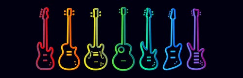 Il neon degli strumenti musicali di colore dell'arcobaleno tubed l'insieme astratto della chitarra elettrica della prestazione de illustrazione vettoriale Il neon degli strumenti musicali di colore dell'arcobaleno tubed l'insieme astratto della chitarra elettrica della prestazione de illustrazione vettoriale
