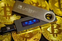 Il registro cripto freddo S nana del portafoglio che si trova sul bitcoin dorato conia fotografie stock Il registro cripto freddo S nana del portafoglio che si trova sul bitcoin dorato conia fotografie stock