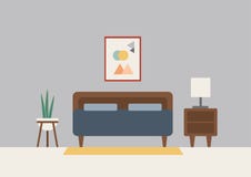Il retro insieme di camera da letto scandinavo comprende la pianta della lampada della credenza del letto e la cornice illustrazione vettoriale Il retro insieme di camera da letto scandinavo comprende la pianta della lampada della credenza del letto e la cornice illustrazione vettoriale