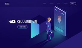 Il riconoscimento di fronte, l'icona isometrica, uomo esamina la macchina fotografica del telefono, la tecnologia biometrica, l'i royalty illustrazione gratis Il riconoscimento di fronte, l'icona isometrica, uomo esamina la macchina fotografica del telefono, la tecnologia biometrica, l'i royalty illustrazione gratis
