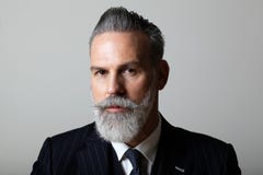 Il ritratto del mezzo elegante ha invecchiato il signore barbuto che indossa il vestito d'avanguardia sopra fondo grigio vuoto Co fotografia stock libera da diritti Il ritratto del mezzo elegante ha invecchiato il signore barbuto che indossa il vestito d'avanguardia sopra fondo grigio vuoto Co fotografia stock libera da diritti