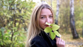 Il ritratto di bella giovane donna tiene la foglia in foresta nei colori di caduta movimento lento 4k 3840x2160 archivi video Il ritratto di bella giovane donna tiene la foglia in foresta nei colori di caduta movimento lento 4k 3840x2160 archivi video